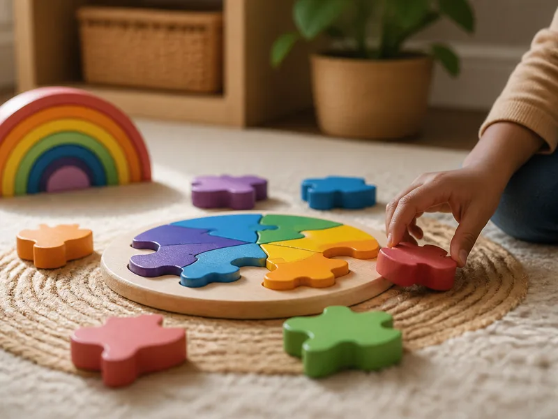 Wooden puzzle pieces and a calm sensory toy on a soft rug