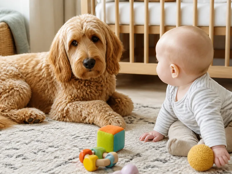 Calm family dog lying beside colourful baby toys
