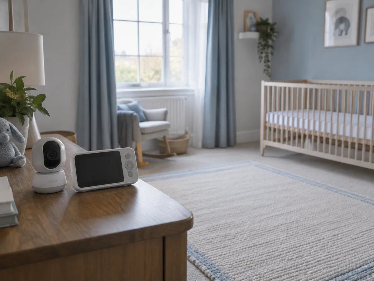 Baby monitor display and camera on a console well away from an empty cot