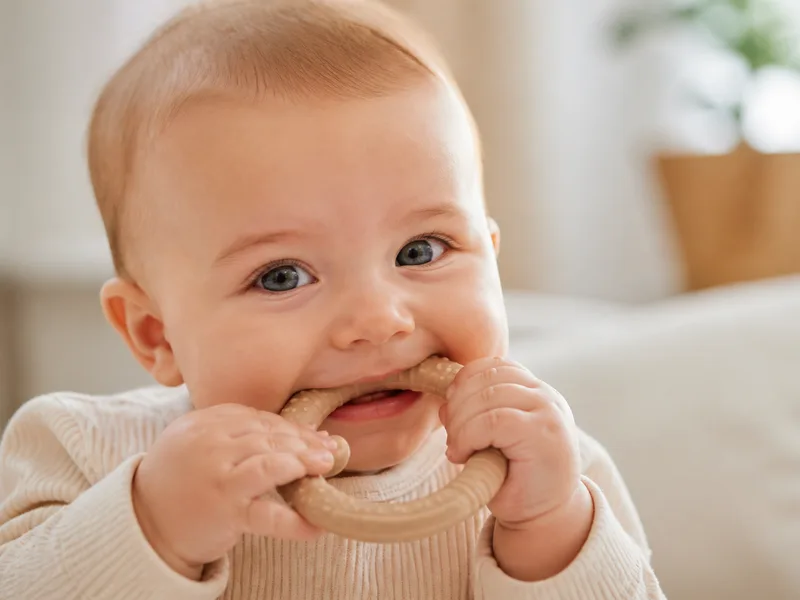 Baby chewing a soft silicone teething ring