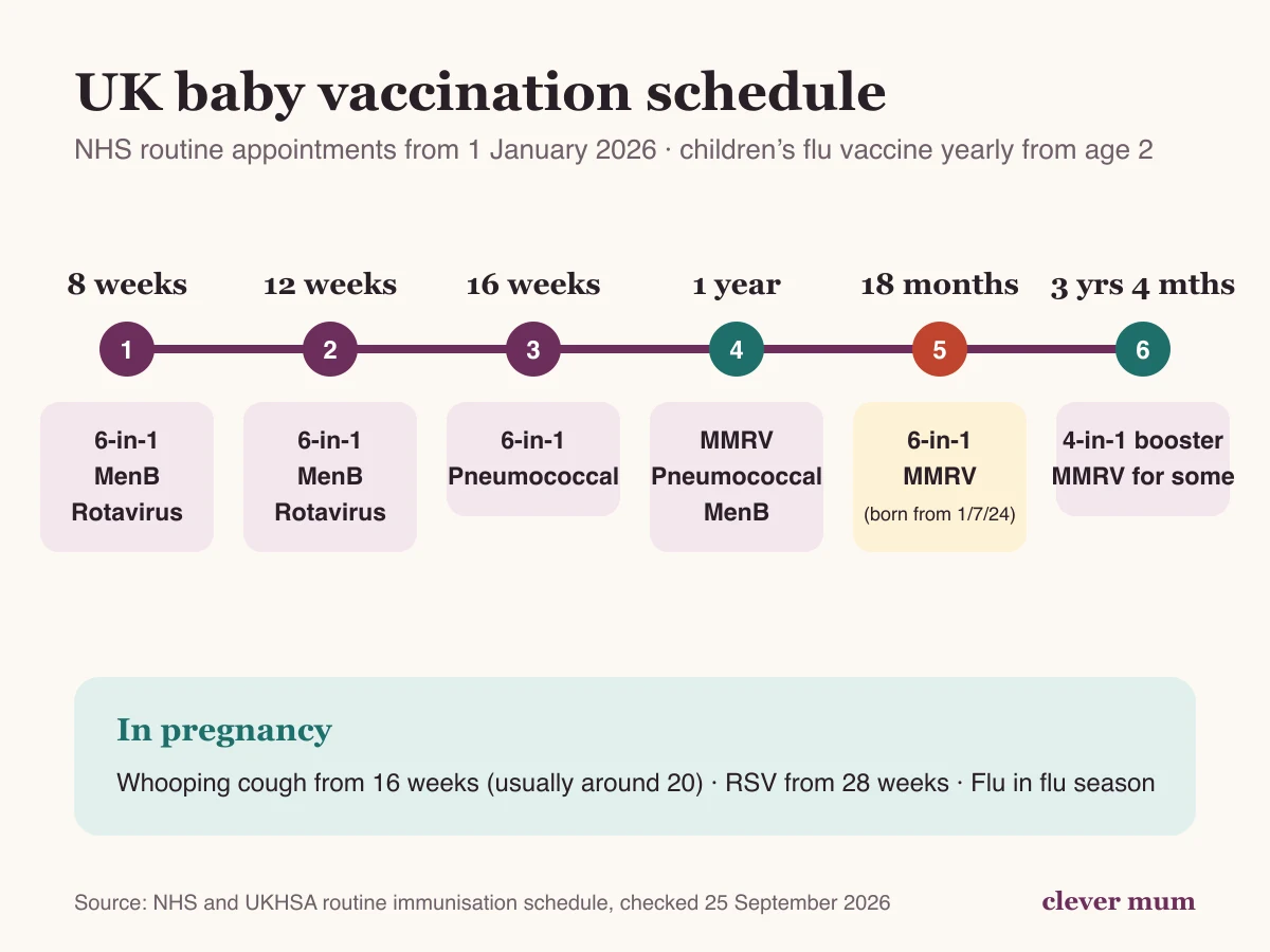 Timeline of NHS baby vaccinations at 8, 12 and 16 weeks, 1 year, 18 months and 3 years 4 months