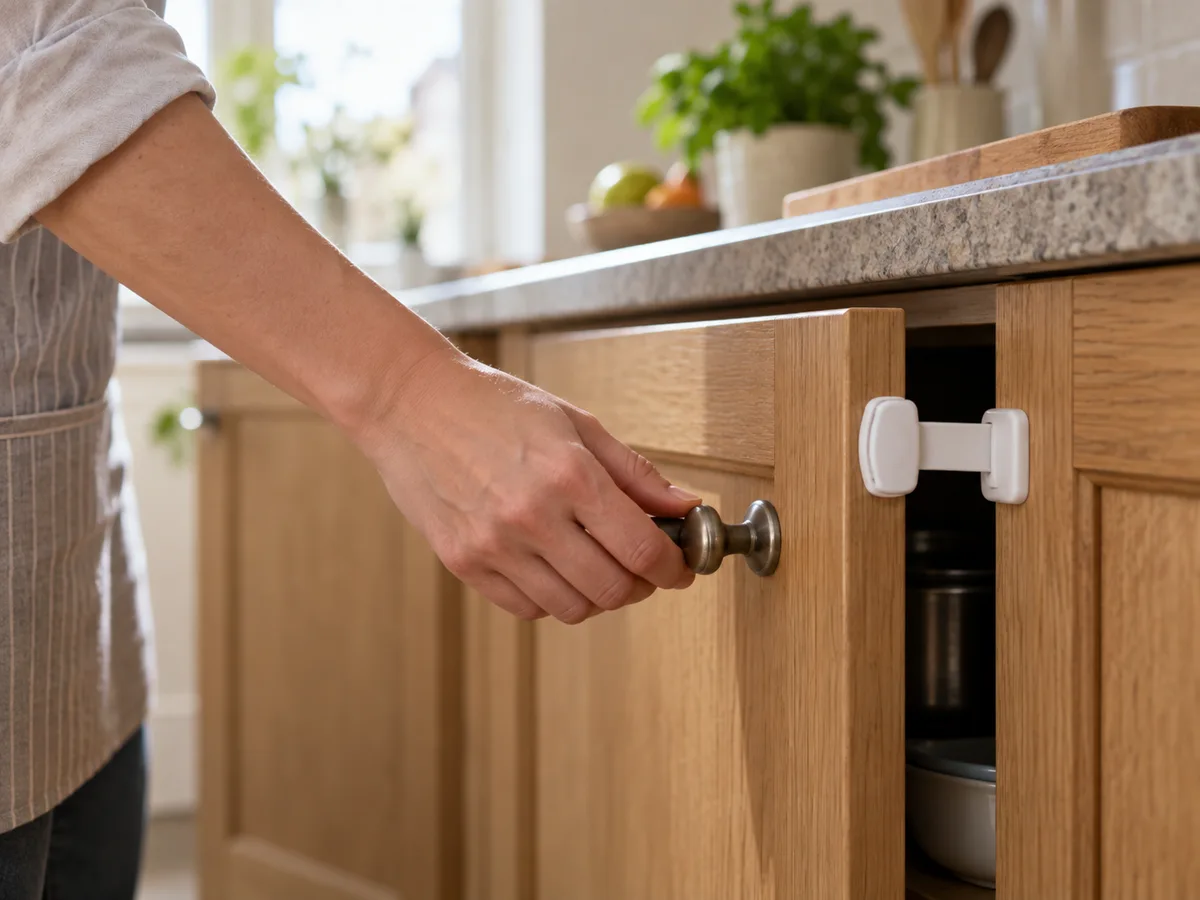 Adult closing a kitchen cupboard fitted with a child-resistant latch