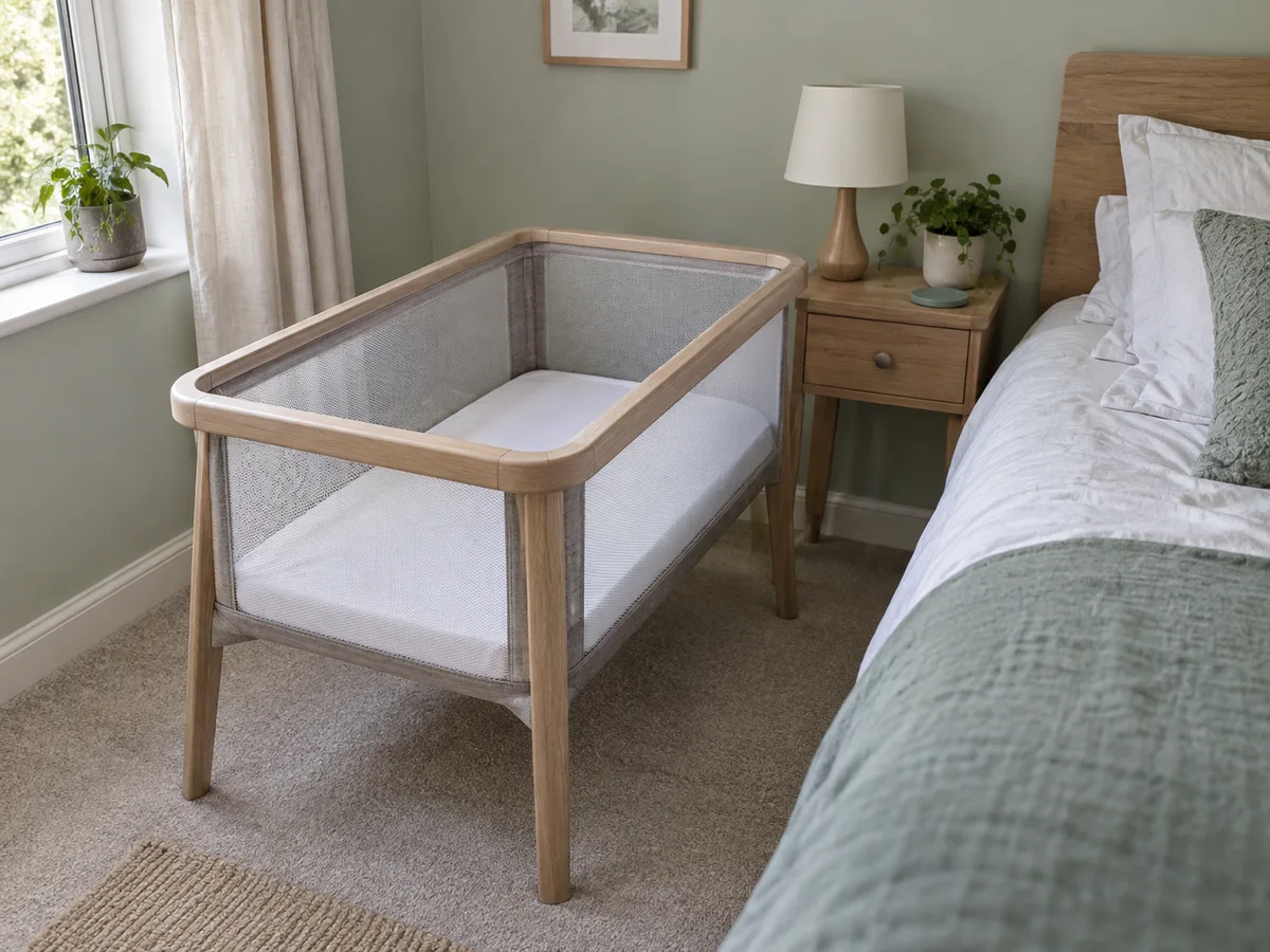Empty bedside crib with raised mesh sides and a clear mattress beside an adult bed