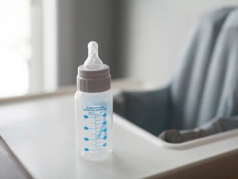 Baby bottle and teething toy laid out together