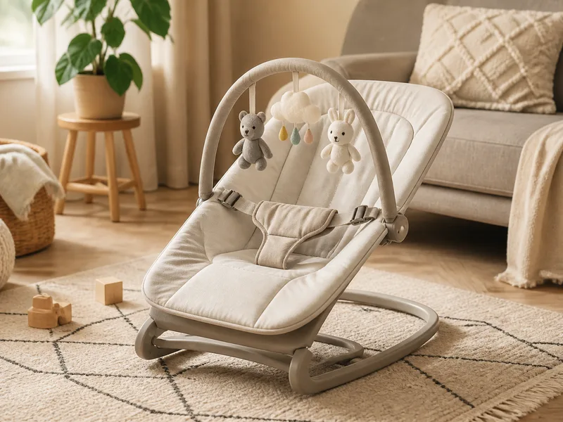 Modern baby bouncer on a living-room rug