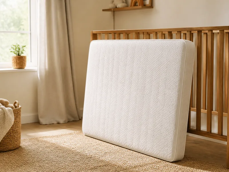 Firm white cot mattress against a wooden cot frame