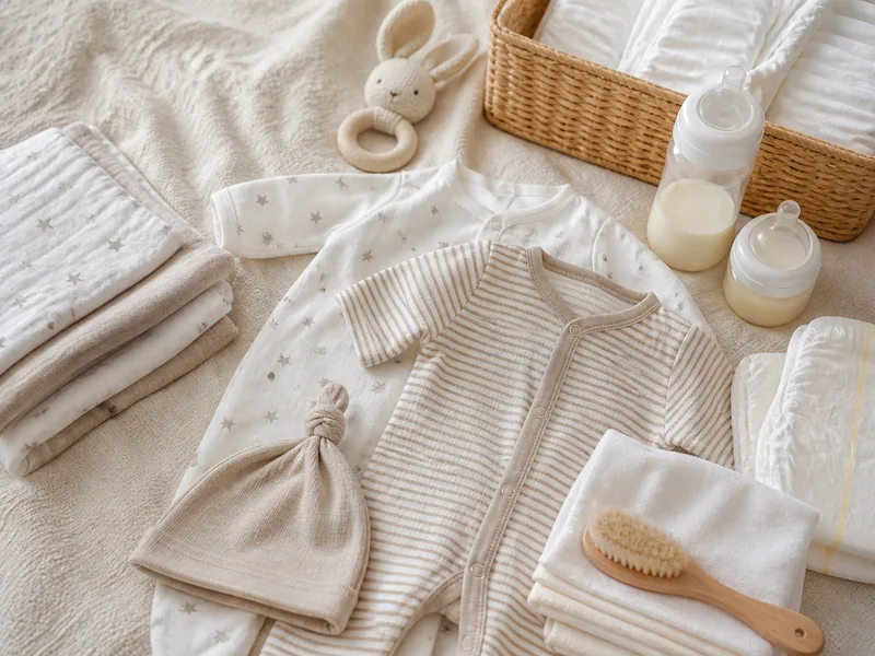 Newborn essentials laid out: sleepsuits, muslins, nappies and bottles