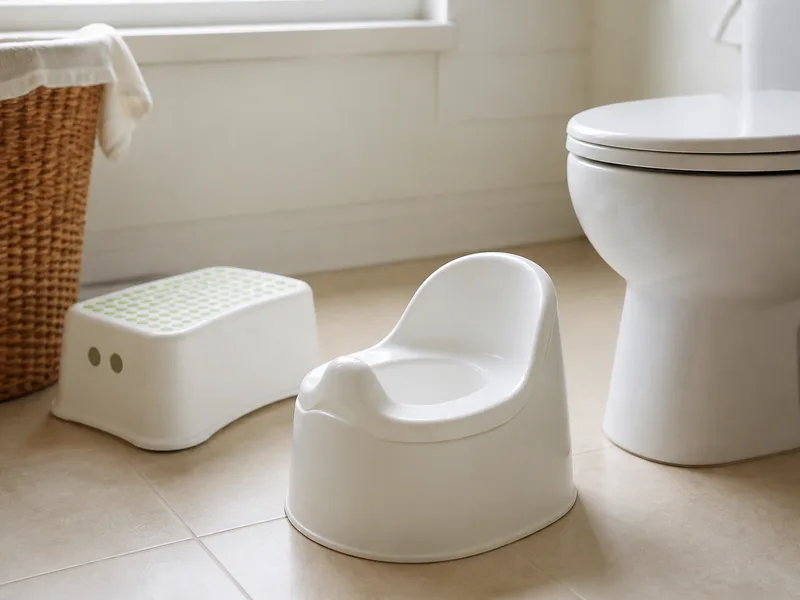 Toddler potty and step stool beside a bathroom toilet