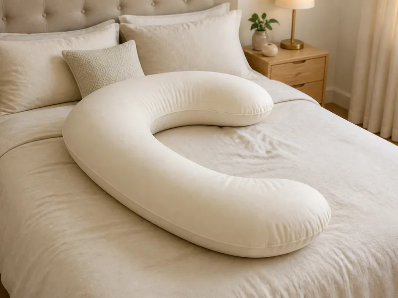 C-shaped pregnancy pillow arranged on a made bed