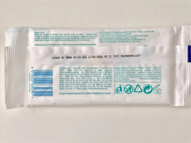 Packet of sensitive baby wipes on a white background