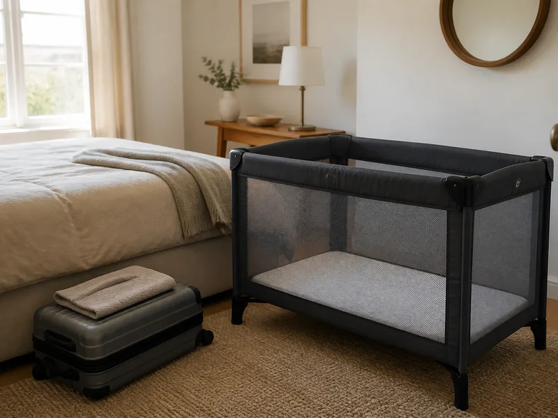 Travel cot set up in a bright guest bedroom