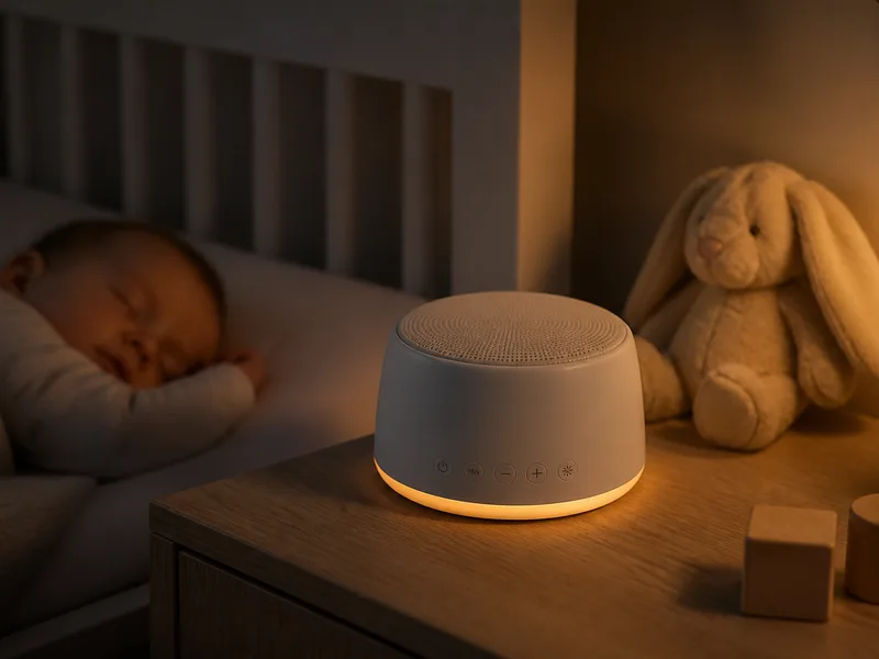 White-noise machine with a soft amber glow on a nursery table