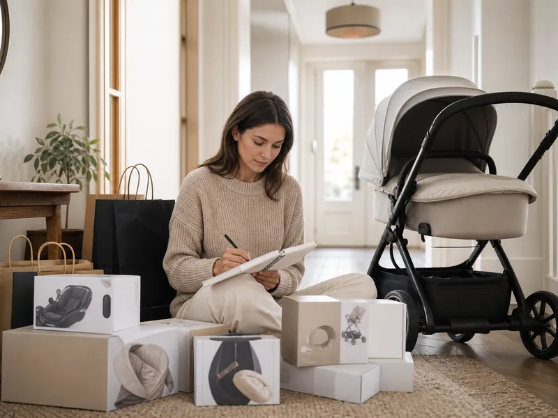 Pushchair and boxed baby gear ready for a big shopping day
