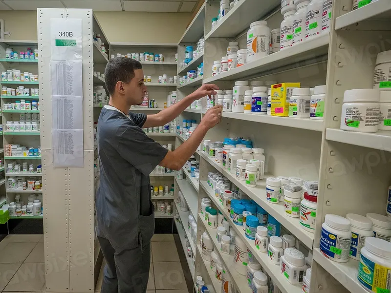 Pharmacist restocking shelves in a pharmacy aisle