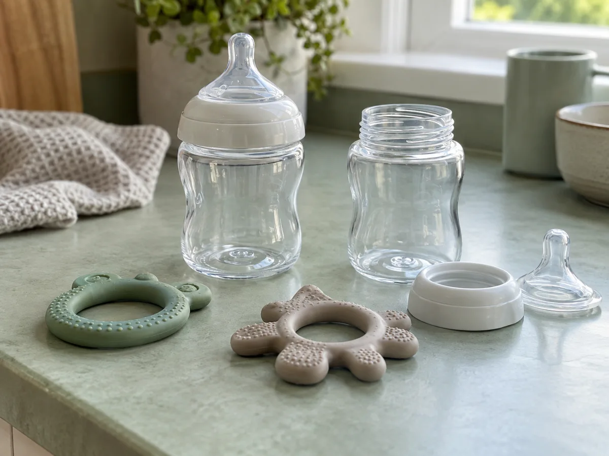 Clean feeding bottles and one-piece silicone teethers on a kitchen counter