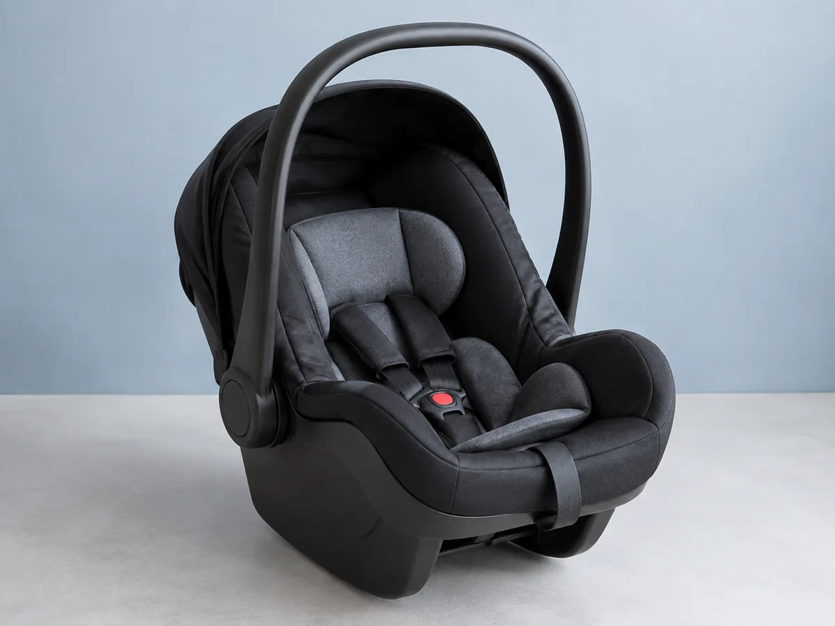 Empty unbranded infant car seat shown separately from a vehicle