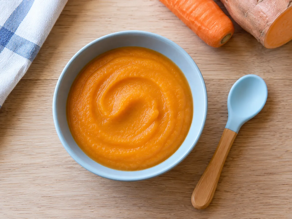 Smooth orange carrot and sweet potato puree in a small blue bowl