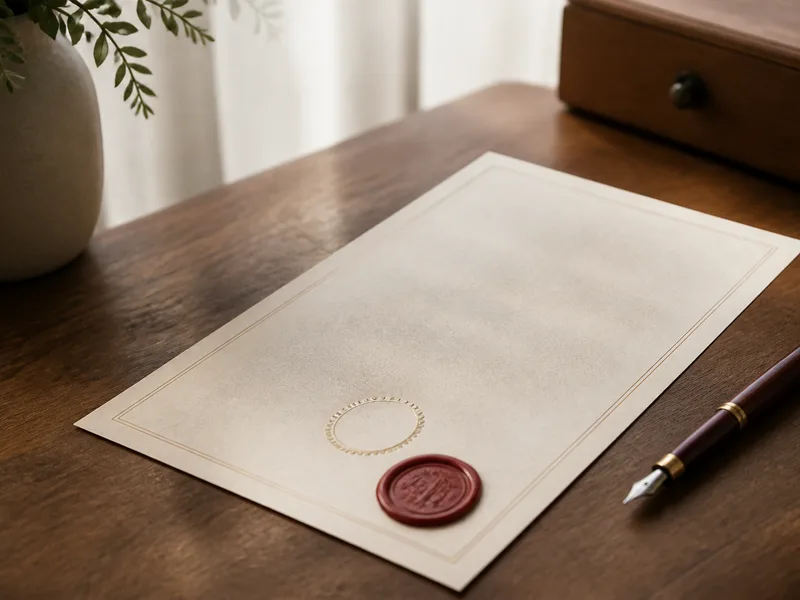 Deed poll style certificate and fountain pen on a wooden desk