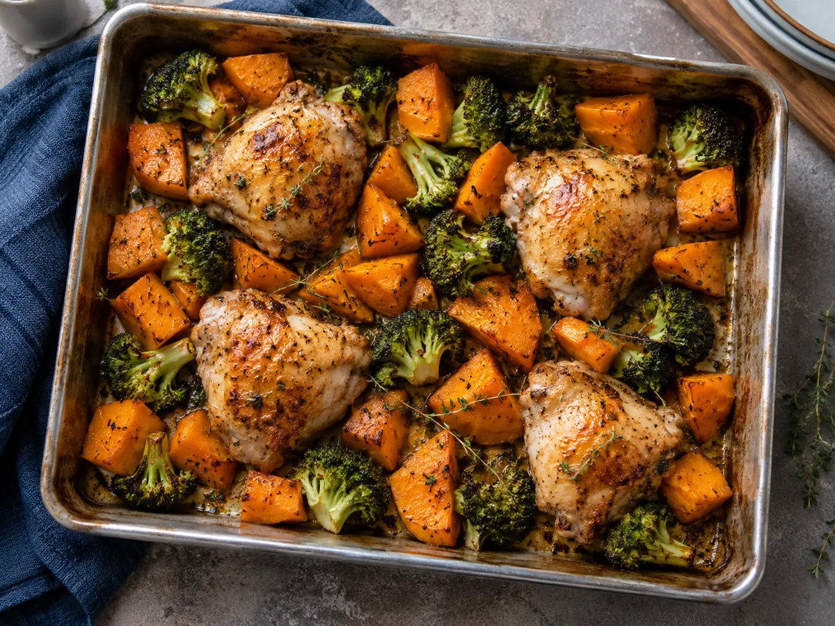 Roasted chicken thighs, sweet potato and broccoli on a baking tray