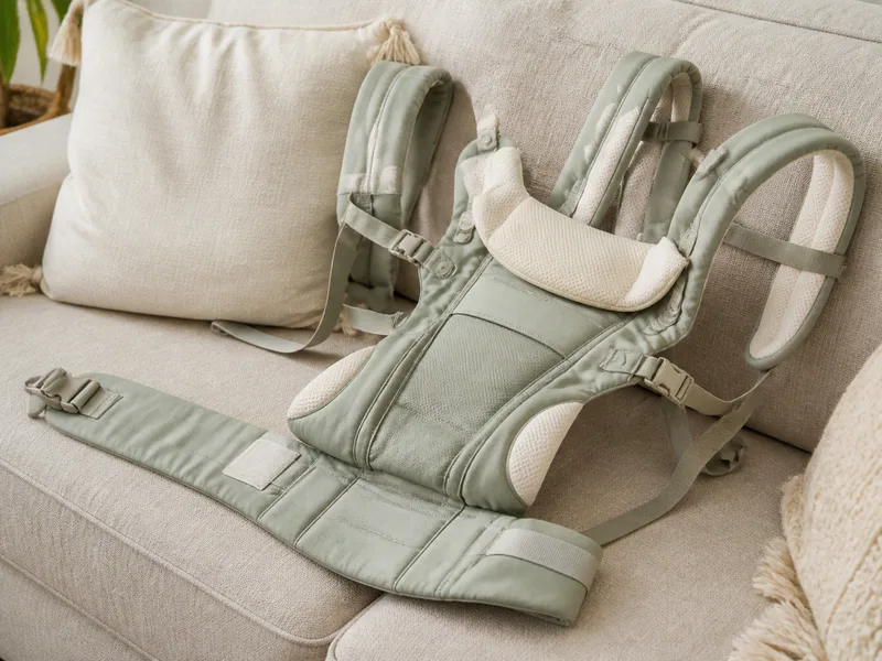 Soft structured baby carrier laid flat showing padded straps