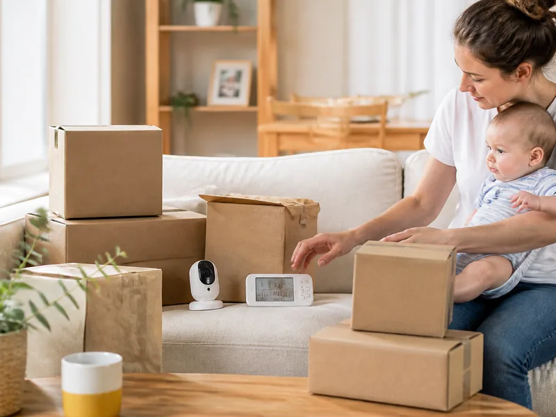 Delivery parcels and a baby monitor on a sofa
