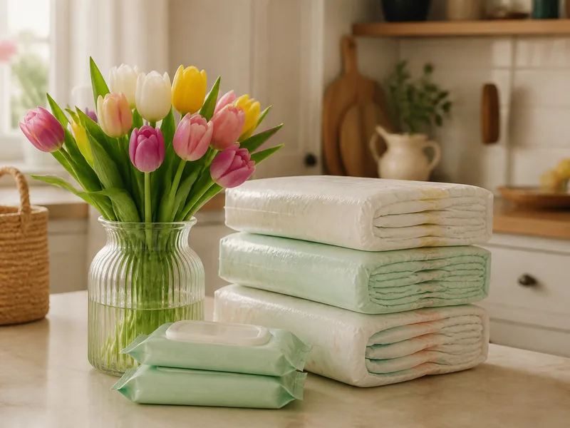 Spring tulips beside nappies and wipes on a kitchen counter