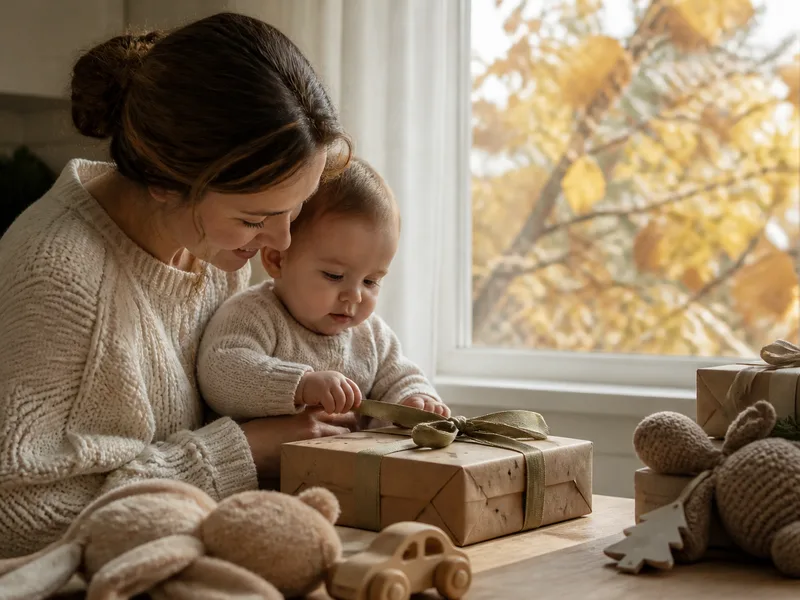 Wrapped baby gifts with autumn light at the window