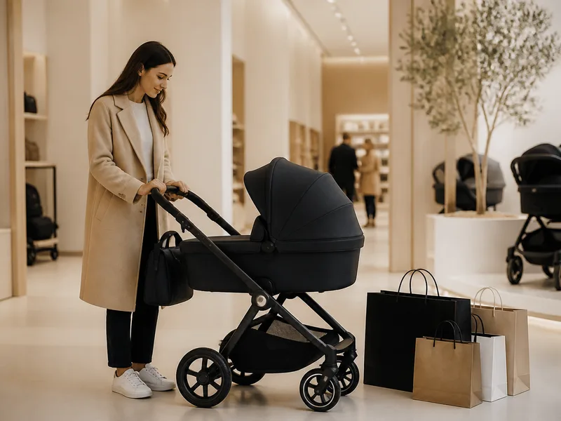 Premium pushchair in a bright hallway with shopping bags