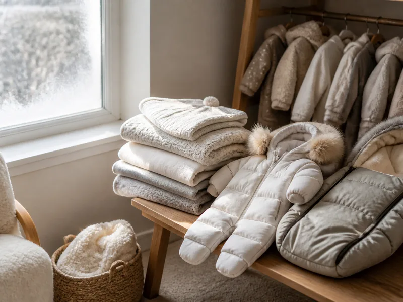 Winter baby snowsuit and footmuff by a frosted window