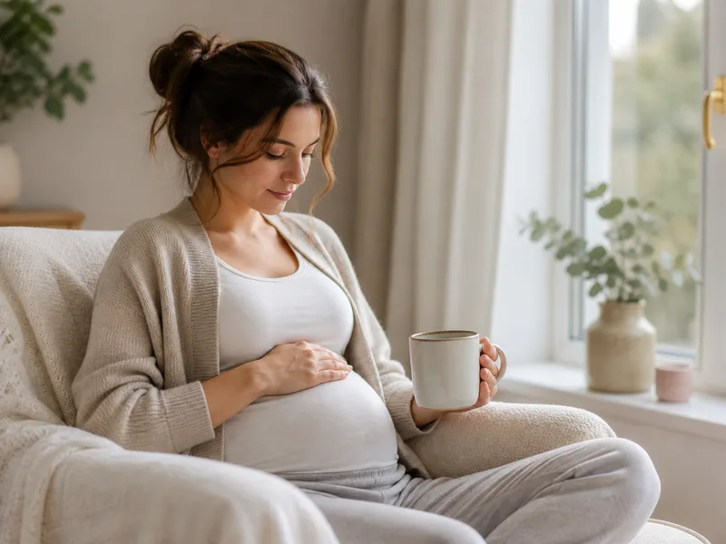 Pregnant woman resting a hand on her bump by a bright window