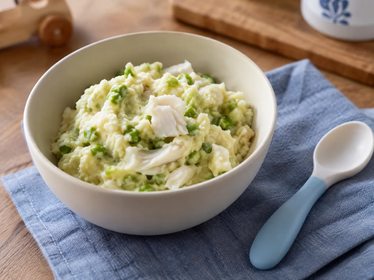 Soft mash of potato, cooked white fish and crushed peas