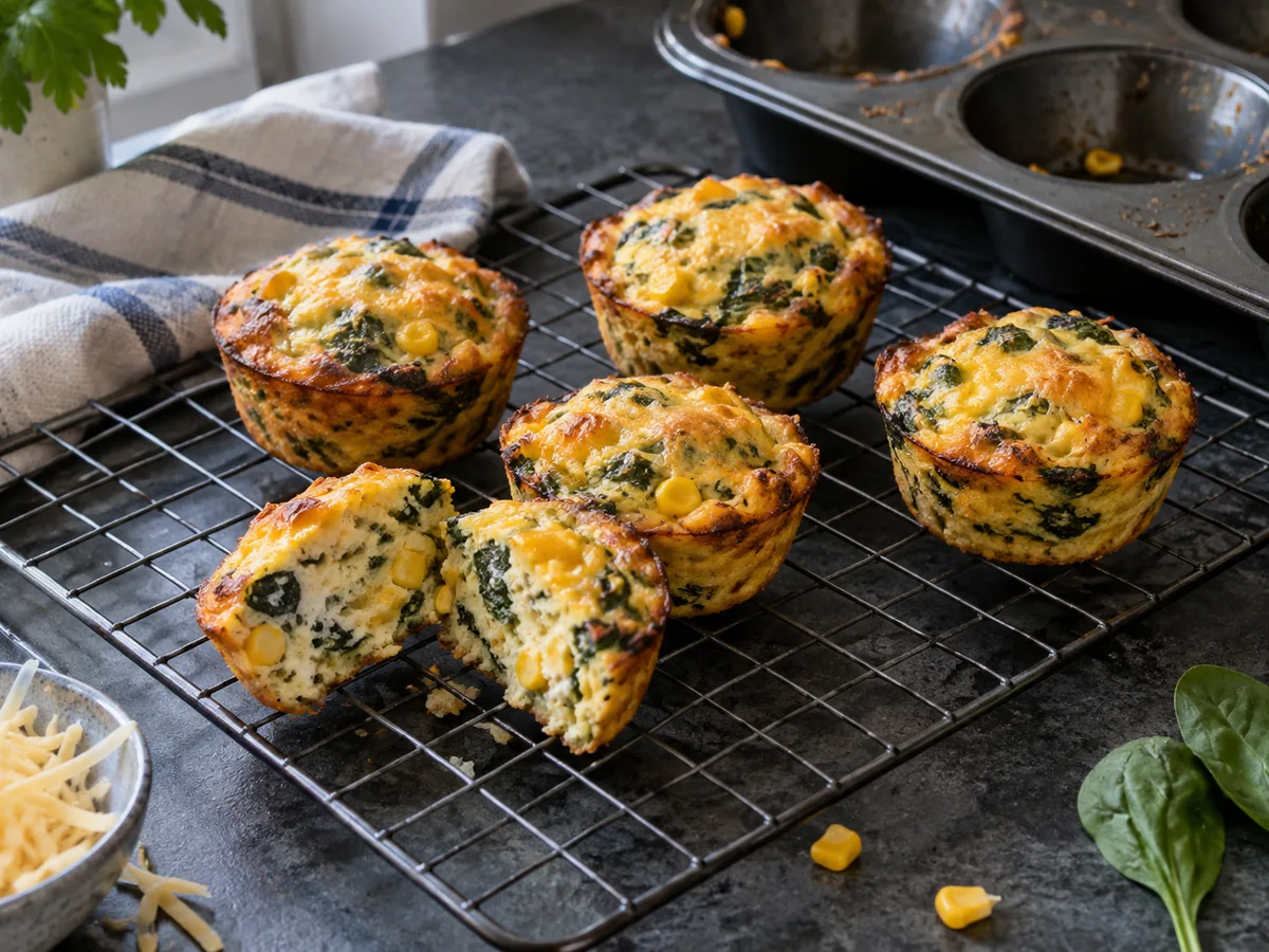 Individual spinach, sweetcorn and cheddar frittata bites on a cooling rack