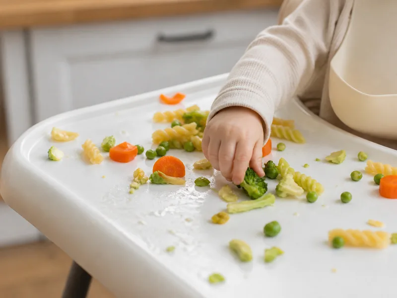 Toddler highchair tray with colourful soft vegetables and pasta