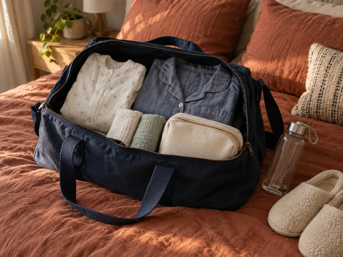 Overnight bag packed with baby clothes, a nightshirt, muslins and toiletries