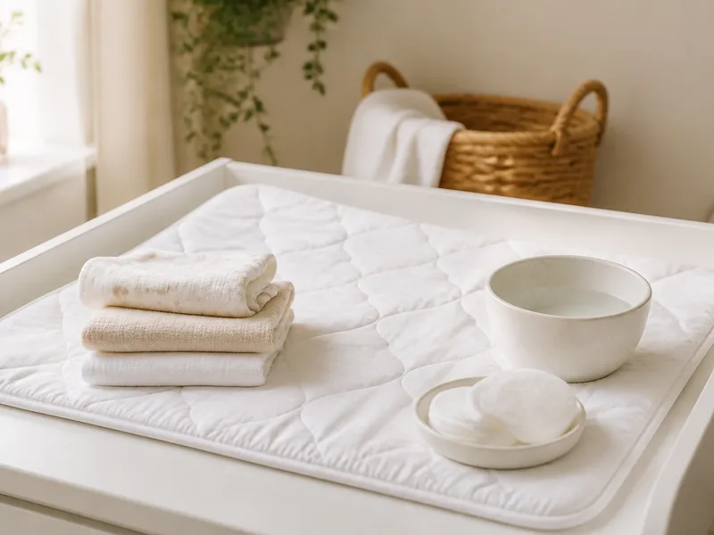 Changing mat with soft cloths and a bowl of warm water