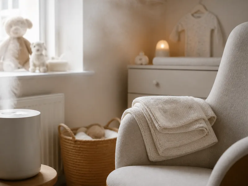 Nursery humidifier mist and a folded baby blanket