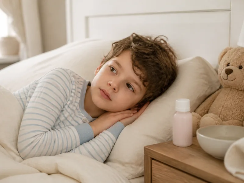 Soft pyjamas, lotion and a teddy for home chickenpox care