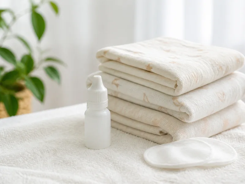 Clean flannel and eye drops on a white towel