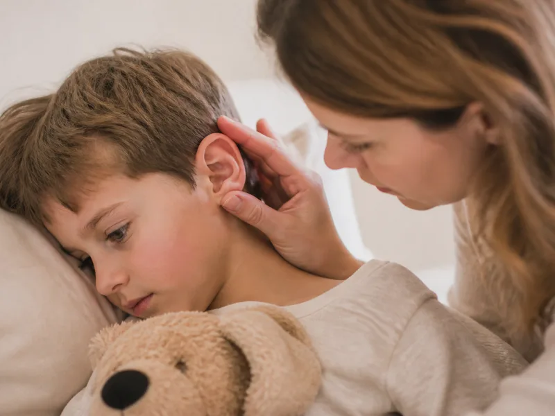 Parent gently checking a child’s ear comfort