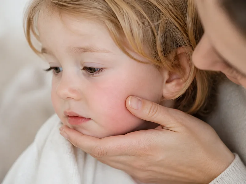 Child’s cheek comforted by a parent’s hand