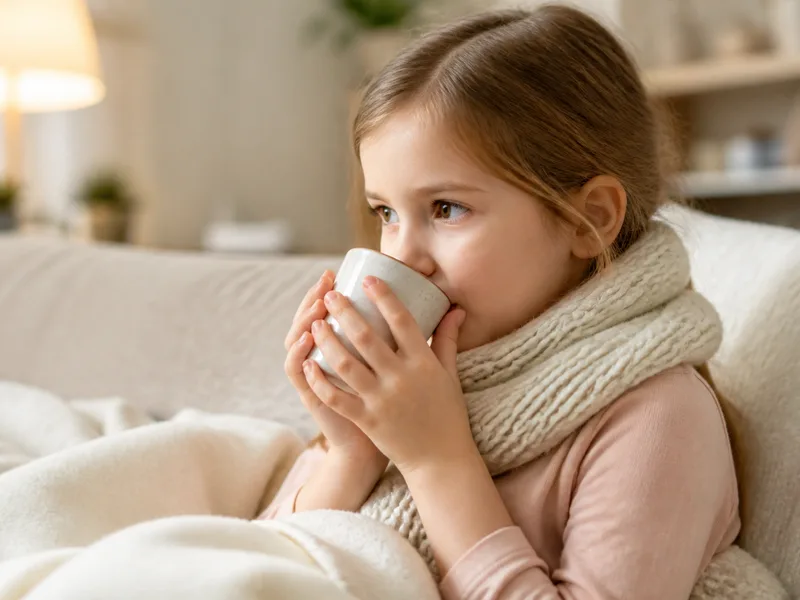 Child sipping water with a soft scarf nearby
