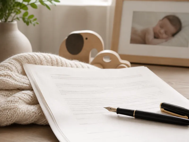 Fountain pen on legal papers beside a soft baby blanket
