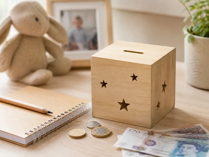 Child’s savings box and coins on a desk