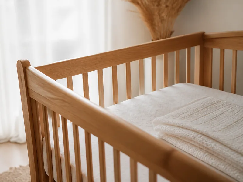 Empty wooden crib with a folded knitted blanket in soft morning light
