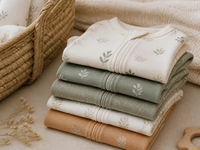 Folded bamboo-cotton baby sleepsuits in soft earth tones