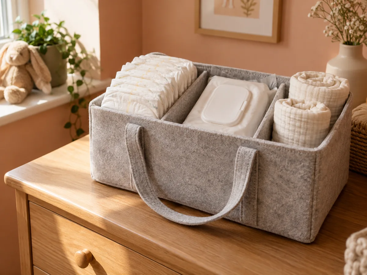 Felt nappy caddy holding nappies, wipes and rolled muslin cloths