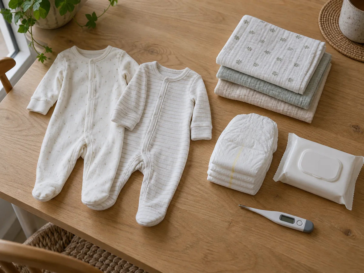 Sleepsuits, muslins, nappies, wipes and a thermometer arranged for a newborn checklist