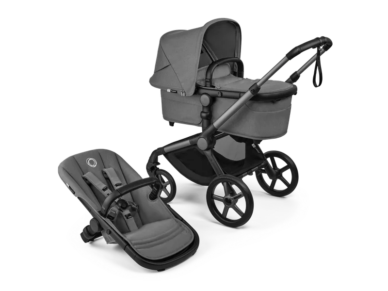 Bugaboo Fox 5 pushchair in grey, shown with carrycot and separate seat unit