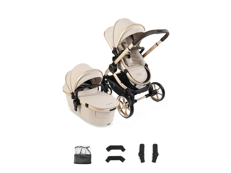 iCandy Peach 8 pushchair and carrycot in a biscuit colourway with gold chassis