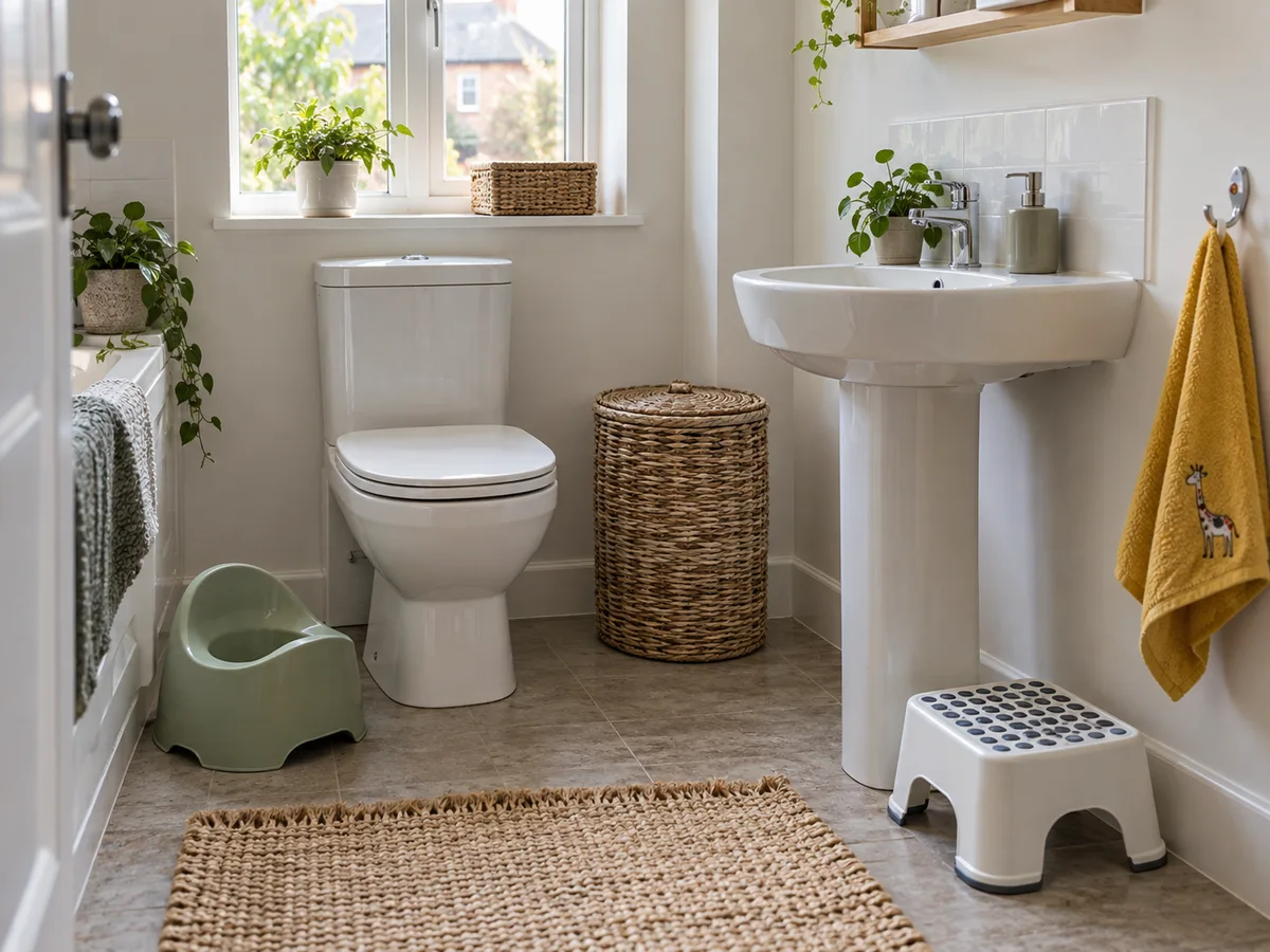 Toddler potty, step stool and small towel in a family bathroom